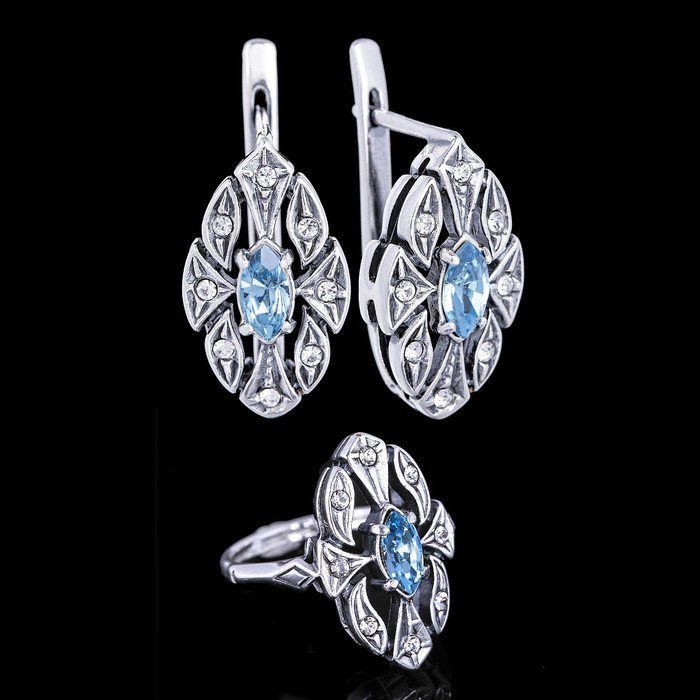 Гарнитур 2 предмета: серьги, кольцо "Маркиза", размер 17, цвет голубой в чернёном серебре