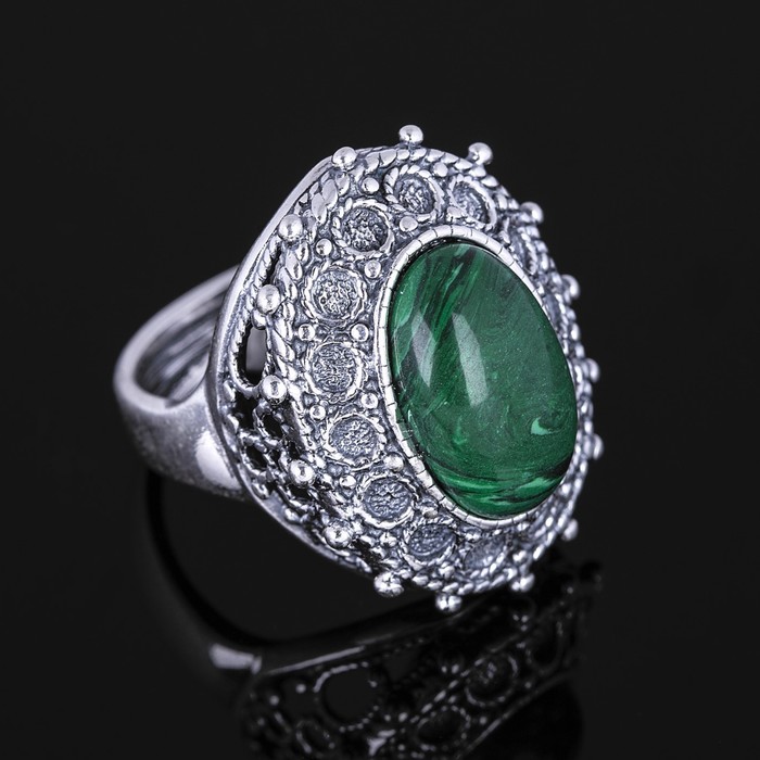 Кольцо "Маланья", размер 19, цвет зелёный в чернёном серебре