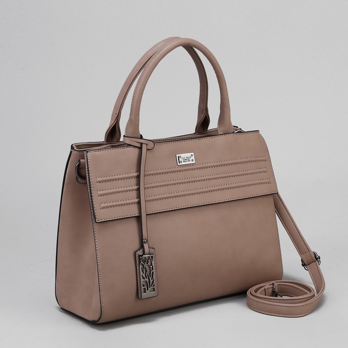 Сумка женская, 2 отдела на молниях, наружный карман, длинный ремень, цвет пудровый