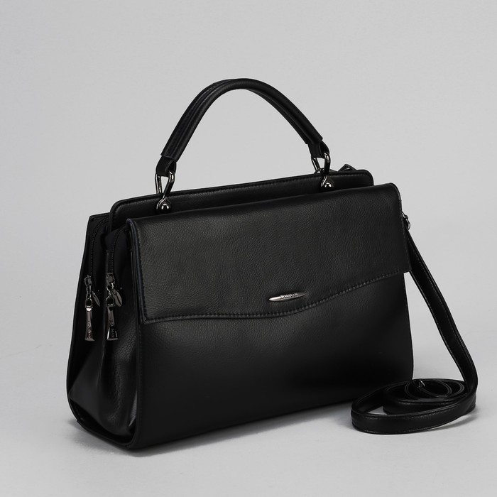 Сумка женская, 2 отдела на молниях, наружный карман, длинный ремень, цвет чёрный