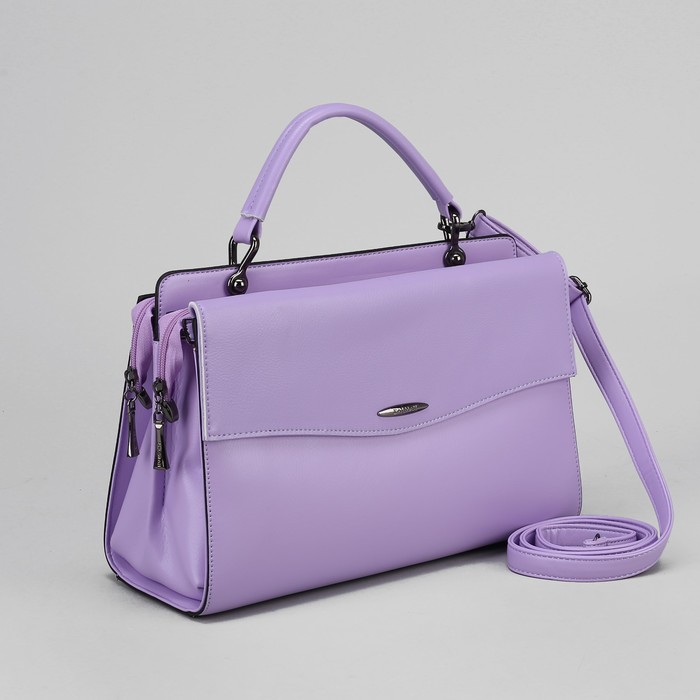 Сумка женская, 2 отдела на молниях, наружный карман, длинный ремень, цвет сиреневый