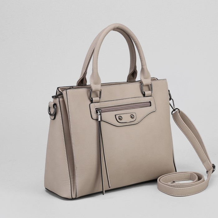 Сумка женская, 3 отдела на молнии, 2 наружных кармана, цвет бежевый