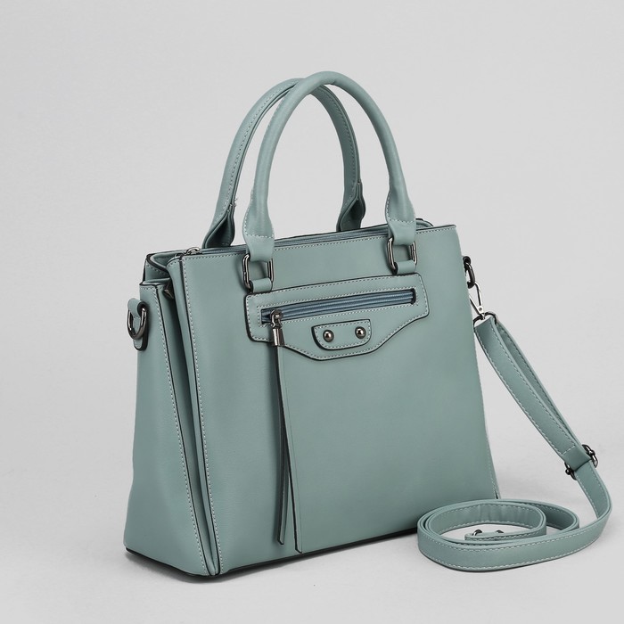 Сумка женская, 3 отдела на молнии, 2 наружных кармана, цвет голубой