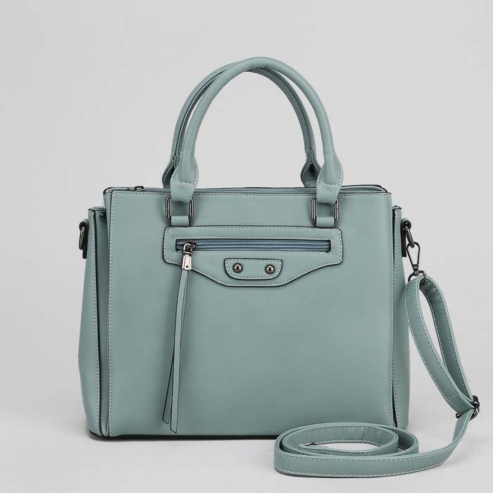 Сумка женская, 3 отдела на молнии, 2 наружных кармана, цвет голубой