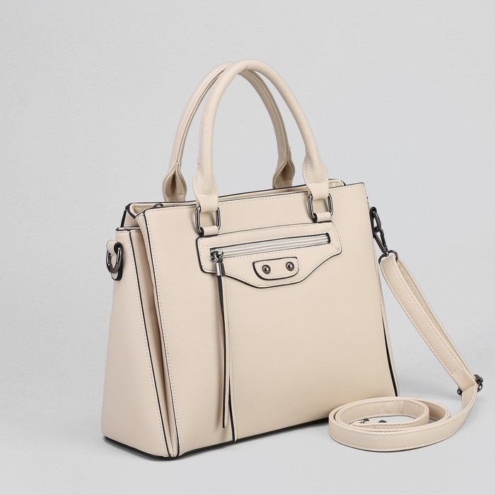 Сумка женская, 3 отдела на молнии, 2 наружных кармана, цвет молочный