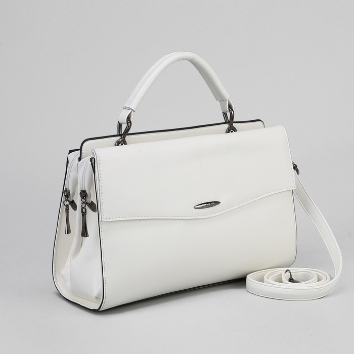 Сумка женская, 2 отдела на молниях, наружный карман, длинный ремень, цвет белый