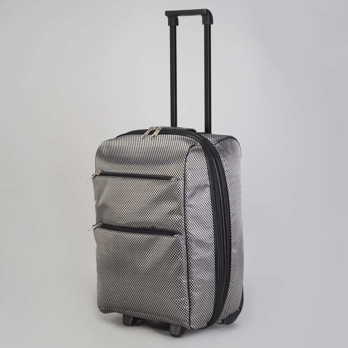 Чемодан малый "Клетка", 20", отдел на молнии, с расширением, наружный карман, 2 колеса, цвет серебро/черный
