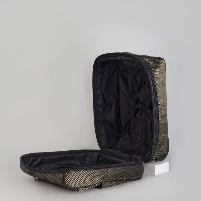 Чемодан малый "Клетка", 20", отдел на молнии, с расширением, наружный карман, 2 колеса, цвет золотой/чёрный