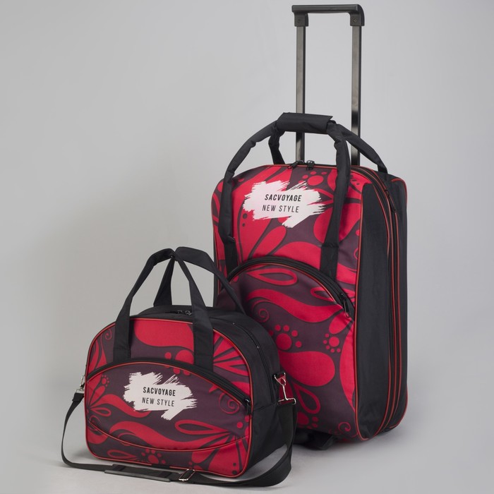 Чемодан малый с сумкой "Цветы", отдел на молнии, наружный карман, цвет малиновый