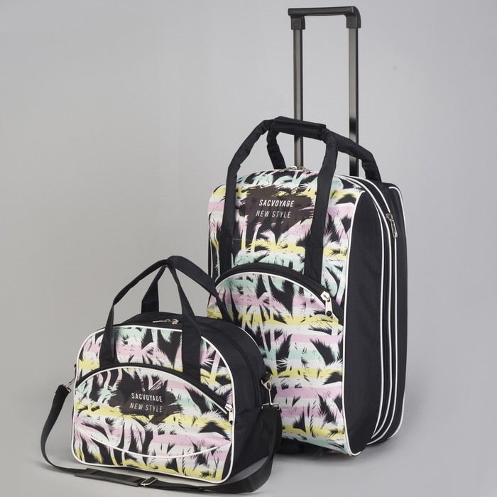 Чемодан малый с сумкой "Пальмы", отдел на молнии, наружный карман, цвет чёрный