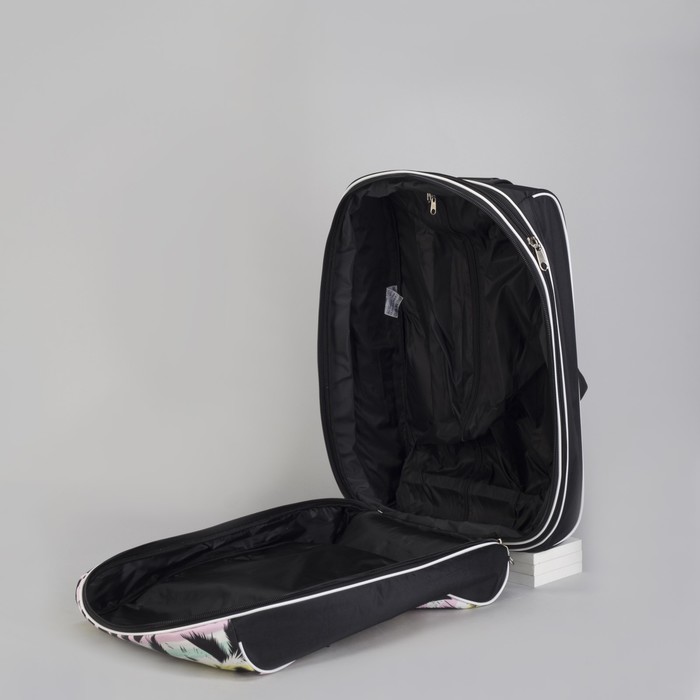 Чемодан малый с сумкой "Пальмы", отдел на молнии, наружный карман, цвет чёрный