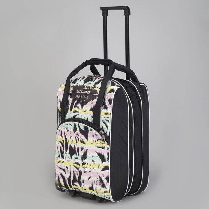 Чемодан малый с сумкой "Пальмы", отдел на молнии, наружный карман, цвет чёрный