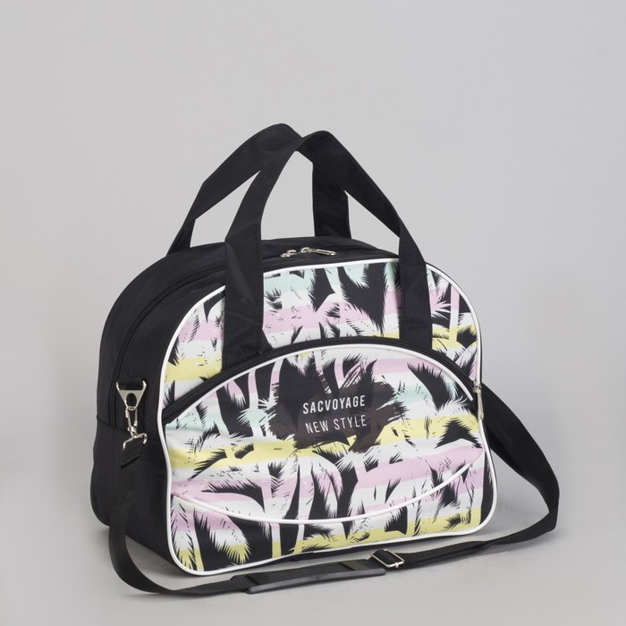 Чемодан малый с сумкой "Пальмы", отдел на молнии, наружный карман, цвет чёрный
