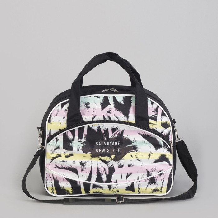 Чемодан малый с сумкой "Пальмы", отдел на молнии, наружный карман, цвет чёрный