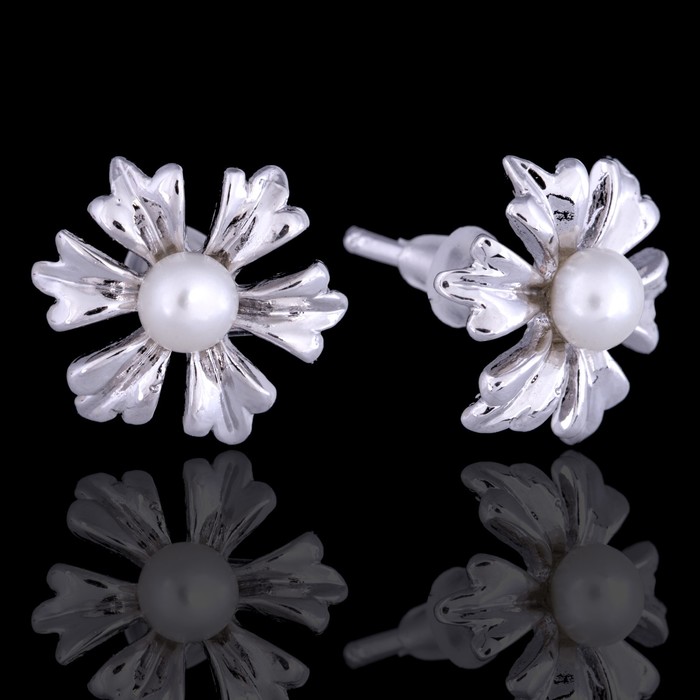 Серьги бижар "Ромашка" жемчуг, цвет белый в серебрении с родированием