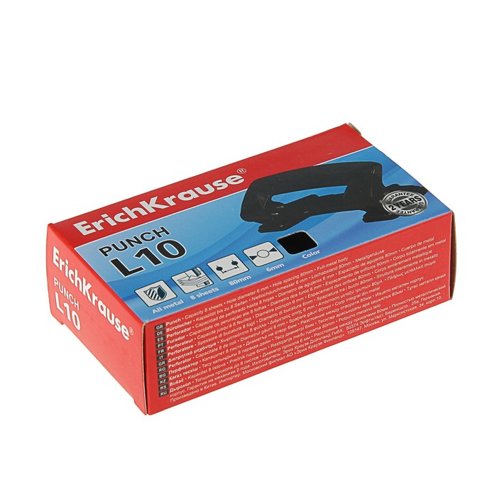 Дырокол до 8 листов Erich Krause L10, диаметр прокола 6мм, расстояние между проколами 80мм, микс