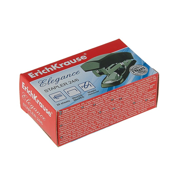Степлер мини №24/6, 26/6 до 20 листов Erich Krause Elegance, черный, вмещает до 50 скоб, глубина закладки бумаги до 25мм