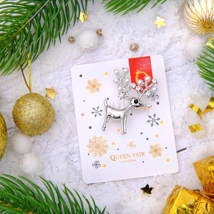 Брошь "Олененок" с жемчужными рогами, цвет белый в серебре