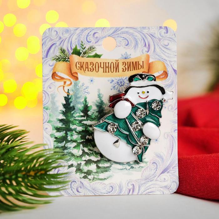 Брошь "Новогодняя сказка" снеговик веселый, цветная в серебре