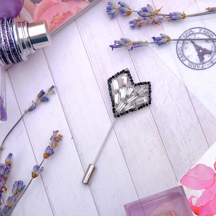 Булавка "Сердце" ледяное, 6,5см, цвет черно-белый в серебре