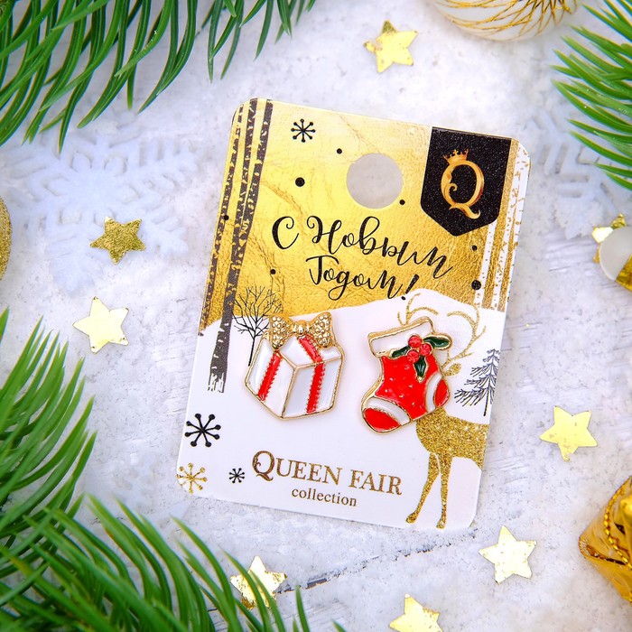 Серьги "Новогодние" подарок и носок, цвет красно-белый в золоте