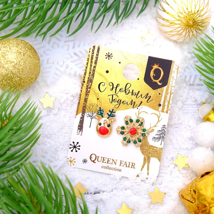 Серьги "Новогодние" снежинка и олень, цвет красно-зелёный в золоте