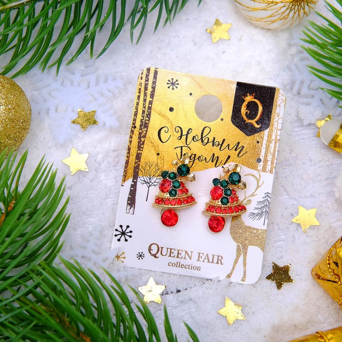 Серьги "Новогодние" колокольчики, цвет красно-зелёный в золоте