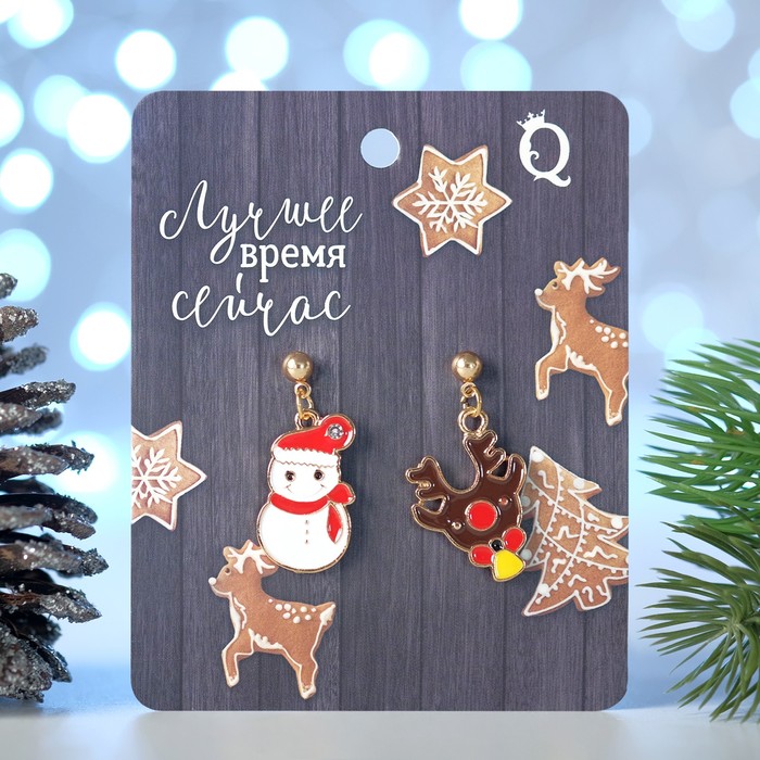 Серьги "Новогодние" олень и снеговик, цветные в золоте