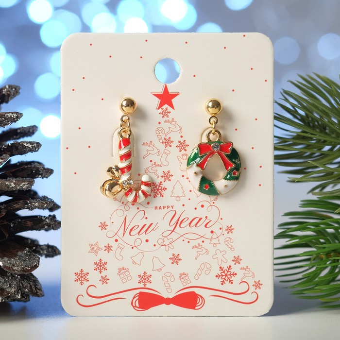 Серьги "Новогодние" леденец и венок, цветные в золоте