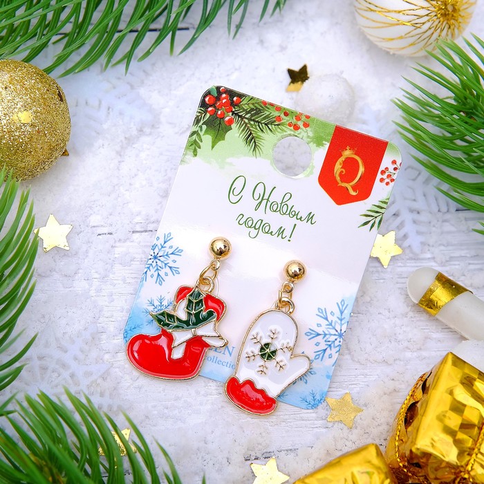 Серьги "Новогодние" варежка и носок, цвет бело-красный в золоте