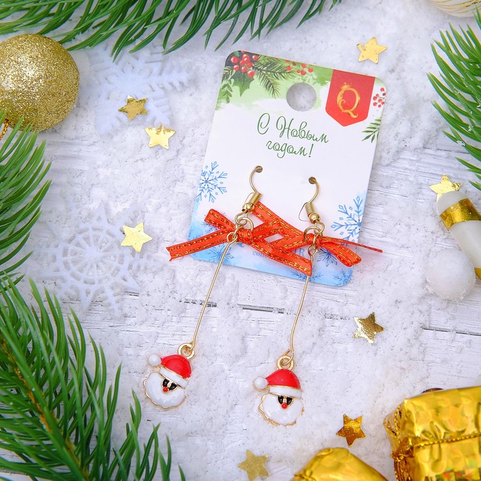 Серьги "Новогодние" дед мороз с бантиком, цвет бело-красный в золоте