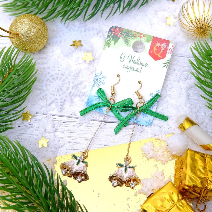 Серьги "Новогодние" колокольчики, цвет бело-зелёный в золоте