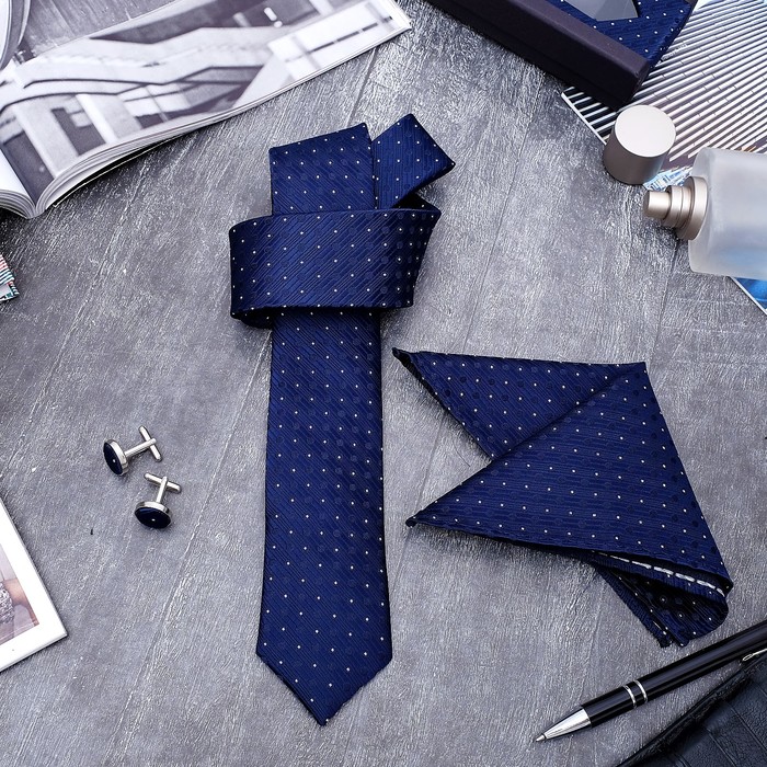 Набор мужской "Элит" галстук 145*5см, платок, запонки, кружок, цвет темно-синий
