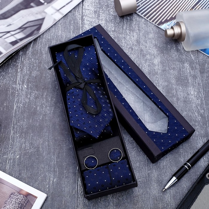 Набор мужской "Элит" галстук 145*5см, платок, запонки, кружок, цвет темно-синий