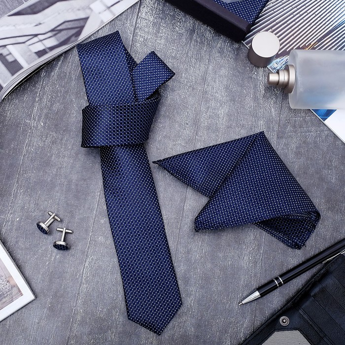 Набор мужской "Элит" галстук 145*5см, платок, запонки, клетка мелкая, цвет темно-синий