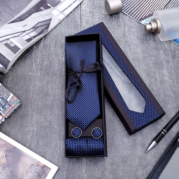 Набор мужской "Элит" галстук 145*5см, платок, запонки, клетка мелкая, цвет темно-синий