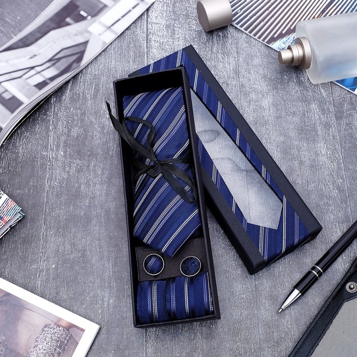 Набор мужской "Элит" галстук 145*5см, платок, запонки, полоски, цвет сине-серебристый