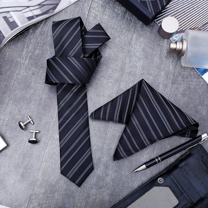 Набор мужской "Элит" галстук 145*5см, платок, запонки, полоски, цвет серебристо-черный