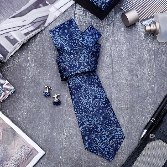 Набор мужской "Стиль" галстук 145*5см, запонки, пейсли цвет синий