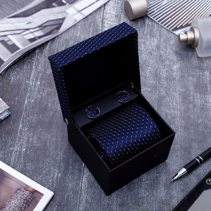 Набор мужской "Стиль" галстук 145*5см, запонки, ромб, цвет сине-серебристый