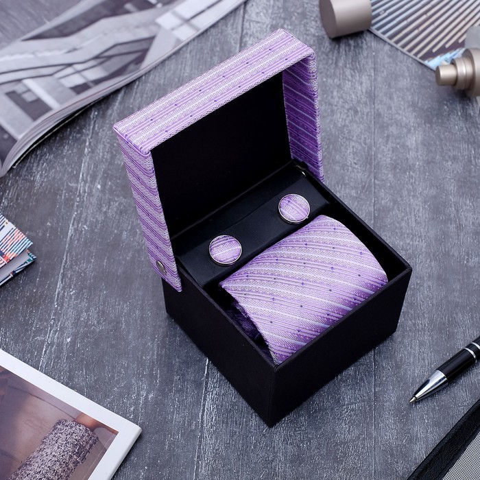 Набор мужской "Стиль" галстук 145*5см, запонки, линии, цвет сиреневый