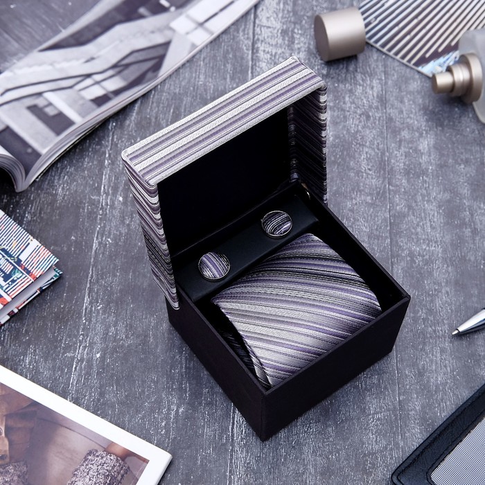 Набор мужской "Стиль" галстук 145*5см, запонки, линии, цвет серый