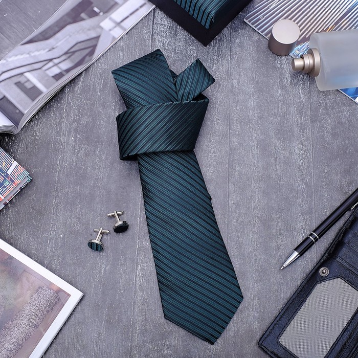 Набор мужской "Стиль" галстук 145*5см, запонки, полоска классическая, цвет изумрудный