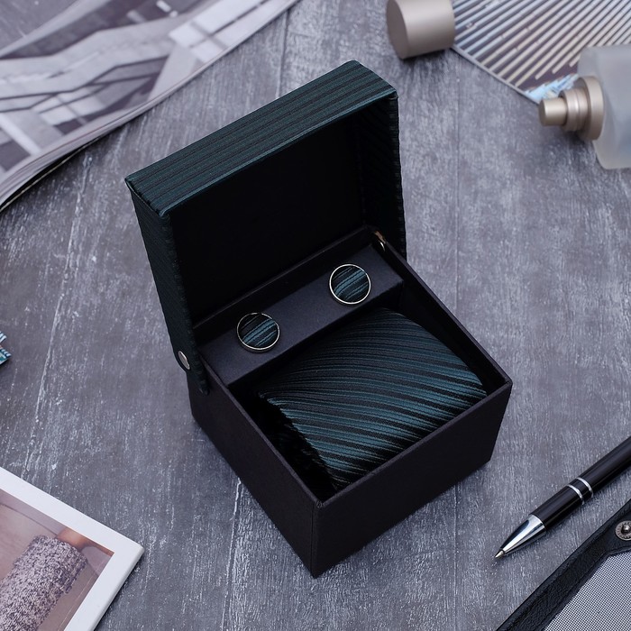 Набор мужской "Стиль" галстук 145*5см, запонки, полоска классическая, цвет изумрудный