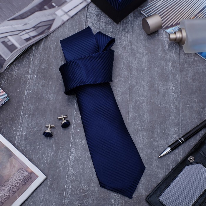 Набор мужской "Стиль" галстук 145*5см, запонки, линии тонкие, цвет темно-синий