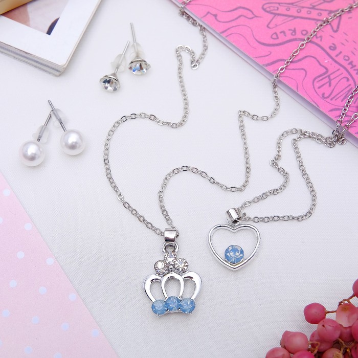 Гарнитур 5 предм: 3 пары пуссет,кулон, браслет "Сердце" с короной, цвет бело-голубой в сереб 34882