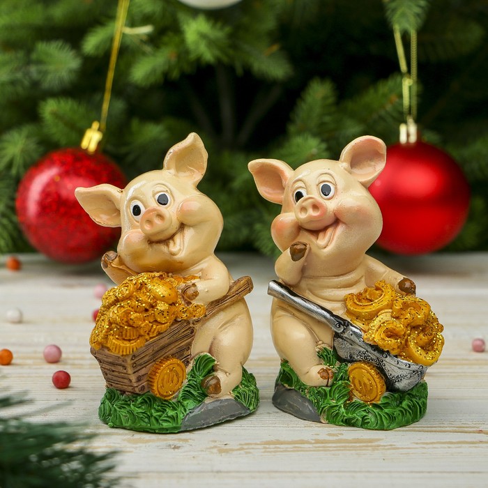 Копилка полистоун "Поросёнок с тележкой золота" МИКС 11,3х7,5х5,3 см
