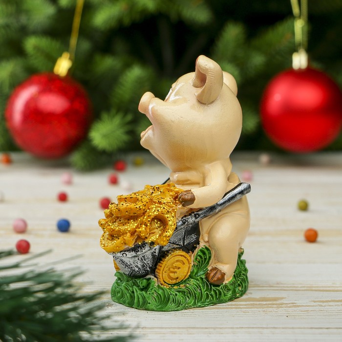 Копилка полистоун "Поросёнок с тележкой золота" МИКС 11,3х7,5х5,3 см