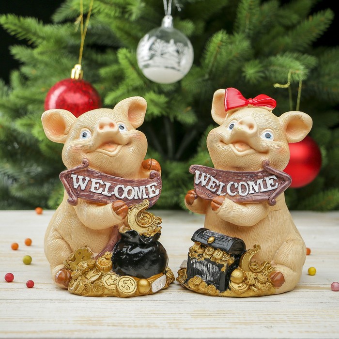 Копилка полистоун "Поросёнок с указателем - Добро пожаловать" МИКС 15х10,5х11,5 см