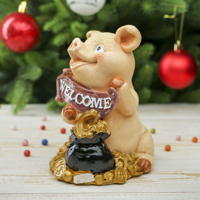 Копилка полистоун "Поросёнок с указателем - Добро пожаловать" МИКС 15х10,5х11,5 см